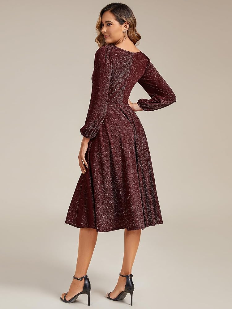 Rochie midi de cocktail pentru femei decolteu în V mânecă lungă in lini A cu pliuri Burgund masura