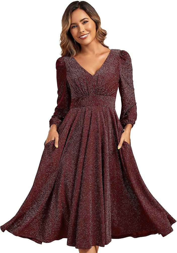 Rochie midi de cocktail pentru femei decolteu în V mânecă lungă in lini A cu pliuri Burgund masura