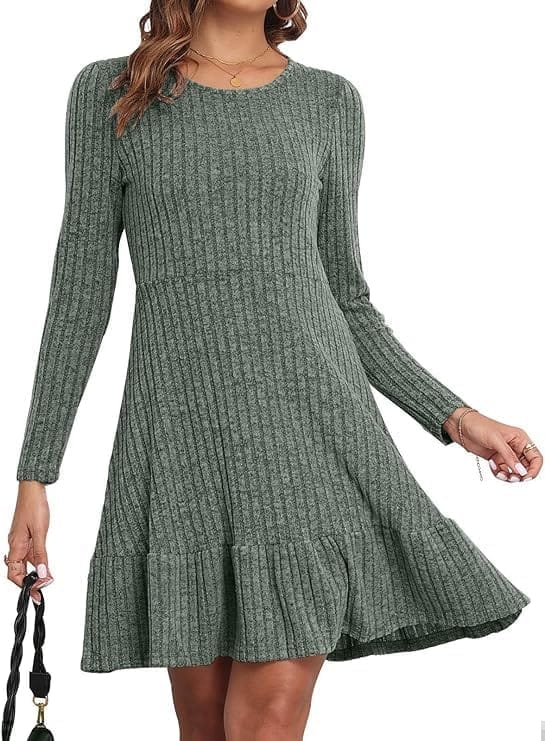 Rochie damă din tricot cu motive de raiat , mânecă lungă, croială cloș, toamnă/iarnă culoare Kaki,masura S