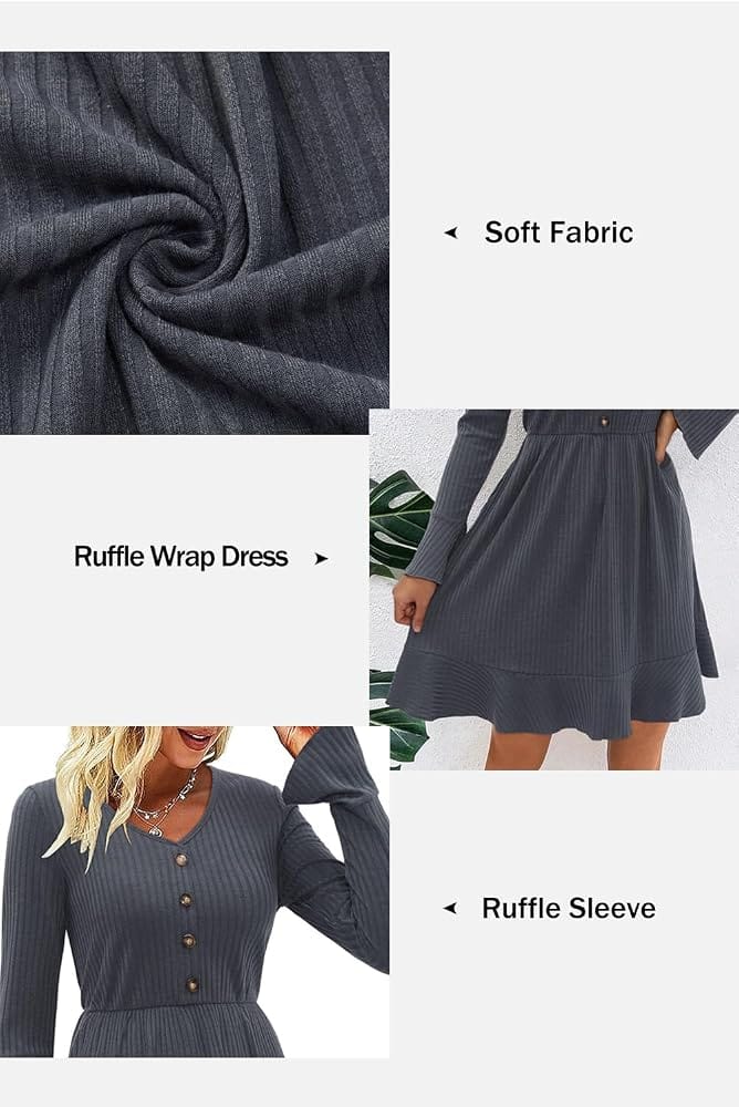 Rochie tricotata  pentru femei cu decoleteu in V si nasturi decorativi masura L Gri inchis