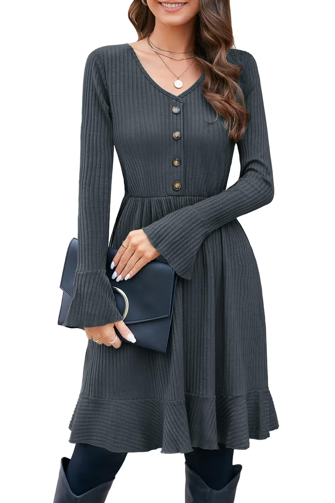 Rochie tricotata  pentru femei cu decoleteu in V si nasturi decorativi masura L Gri inchis