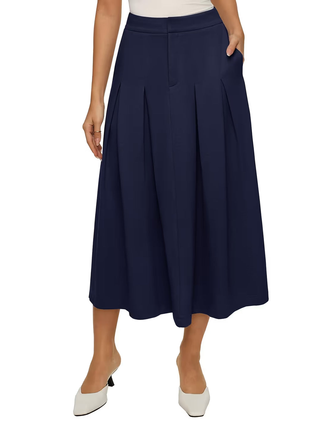 Fustă midi plisată linie A talie elastică culoare uni – bleumarin S