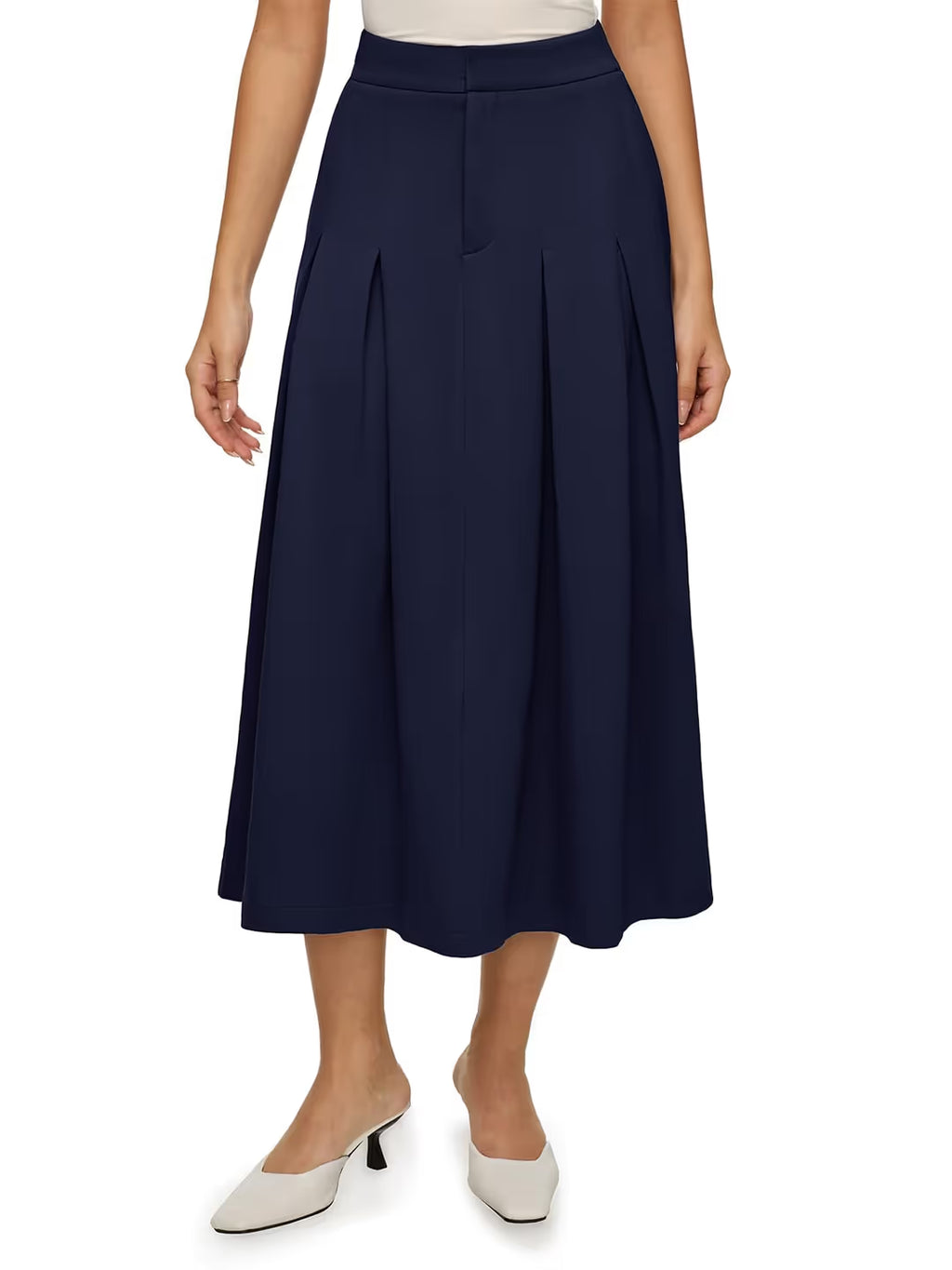 Fustă midi plisată linie A talie elastică culoare uni – bleumarin S