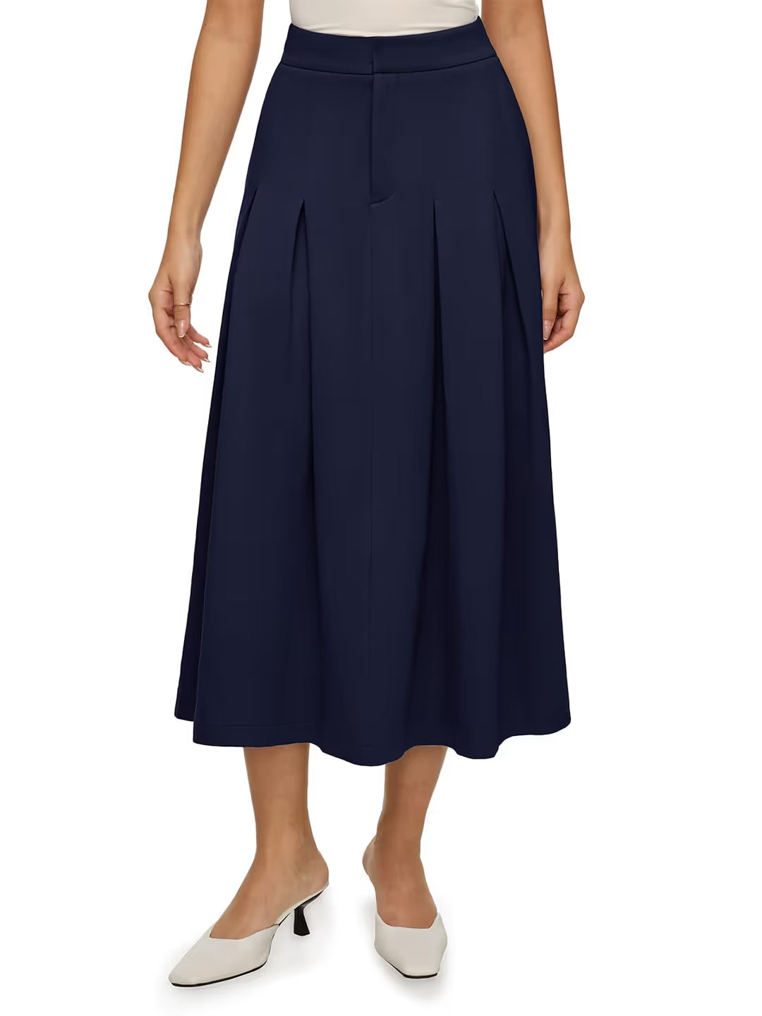 Fustă midi plisată linie A talie elastică culoare uni – bleumarin S