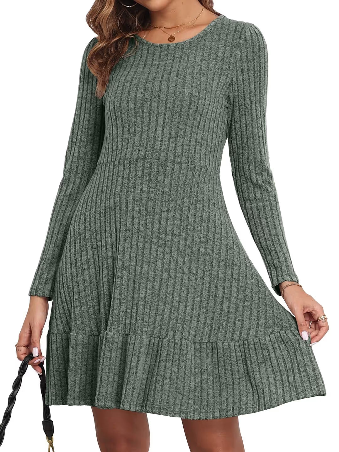 Rochie damă din tricot cu motive de raiat , mânecă lungă, croială cloș, toamnă/iarnă culoare Kaki,masura S
