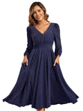 Rochie midi de cocktail pentru femei decolteu în V mânecă lungă – Bleumarin 38,42.