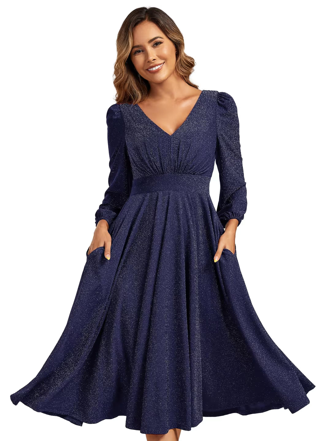 Rochie midi de cocktail pentru femei decolteu în V mânecă lungă – Bleumarin 38,42.