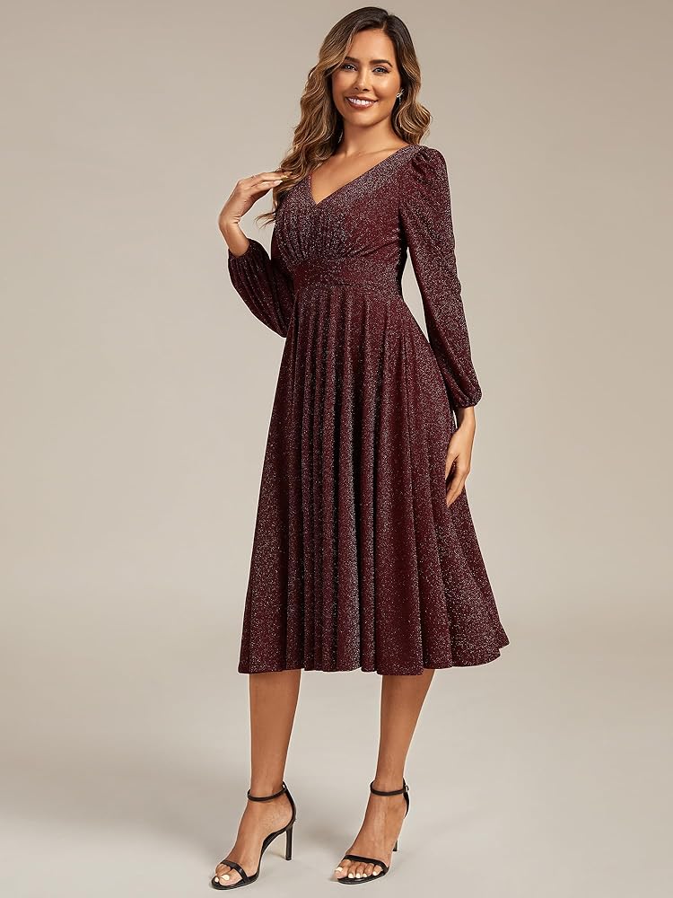 Rochie midi de cocktail pentru femei decolteu în V mânecă lungă in lini A cu pliuri Burgund masura