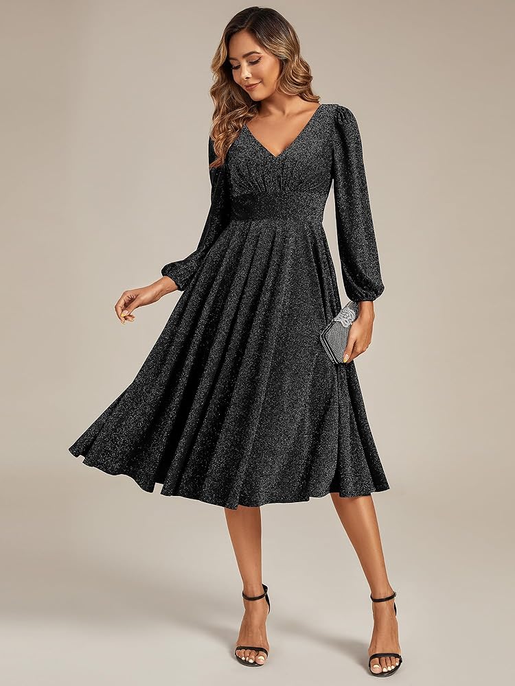 Rochie midi de cocktail pentru femei decolteu în V mânecă lungă – Negru 44