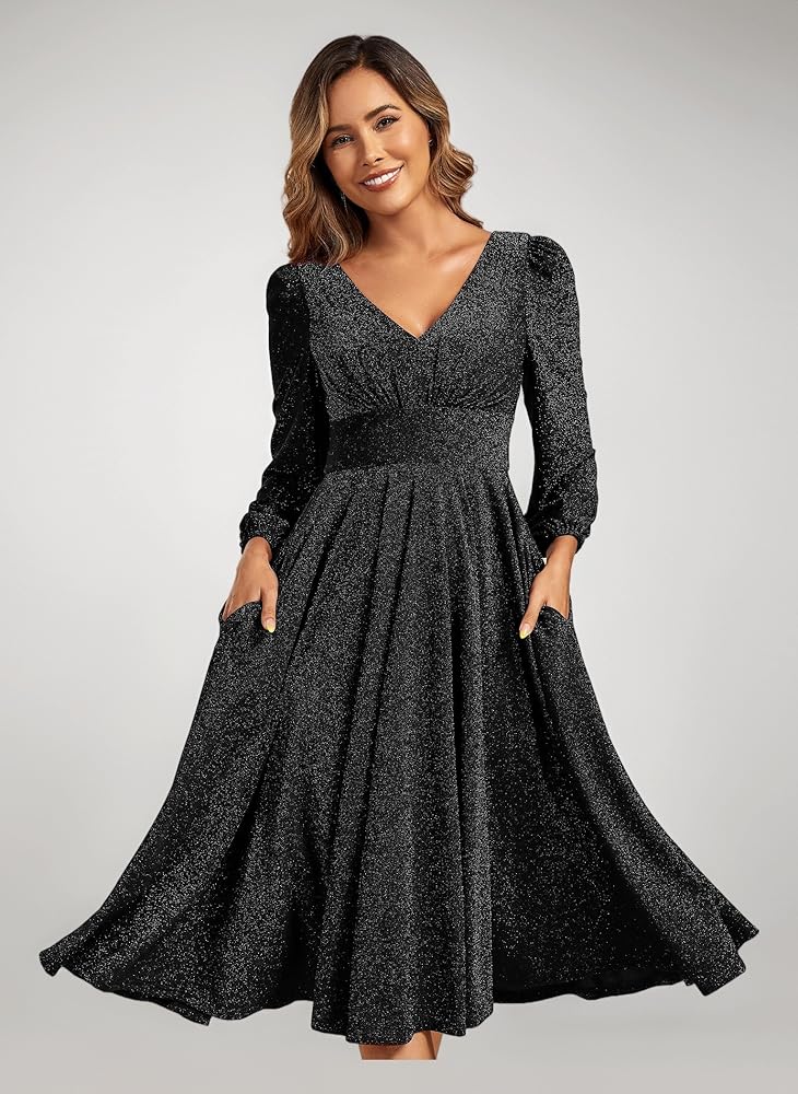 Rochie midi de cocktail pentru femei decolteu în V mânecă lungă – Negru 44