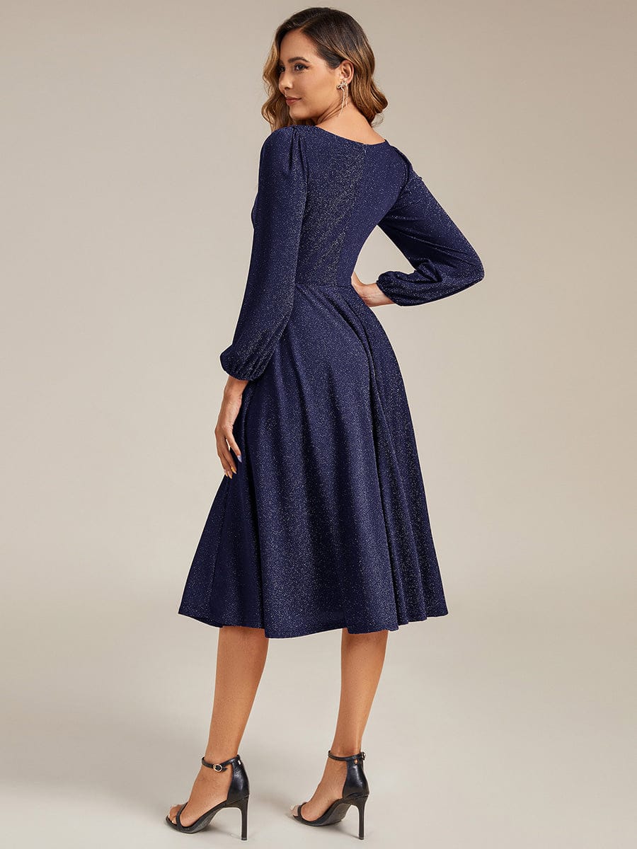 Rochie midi de cocktail pentru femei decolteu în V mânecă lungă – Bleumarin 38,42.