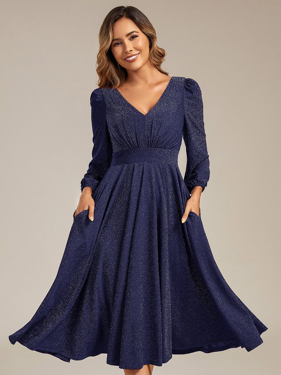 Rochie midi de cocktail pentru femei decolteu în V mânecă lungă – Bleumarin 38,42.