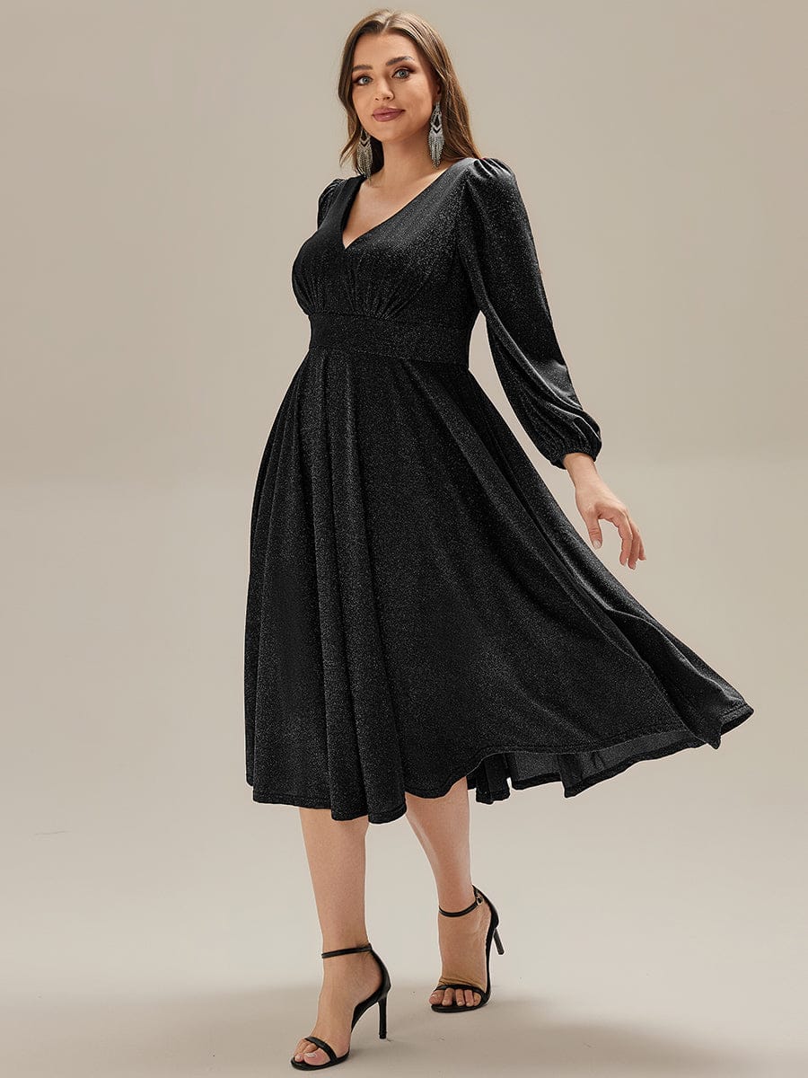 Rochie midi de cocktail pentru femei decolteu în V mânecă lungă – Negru 44