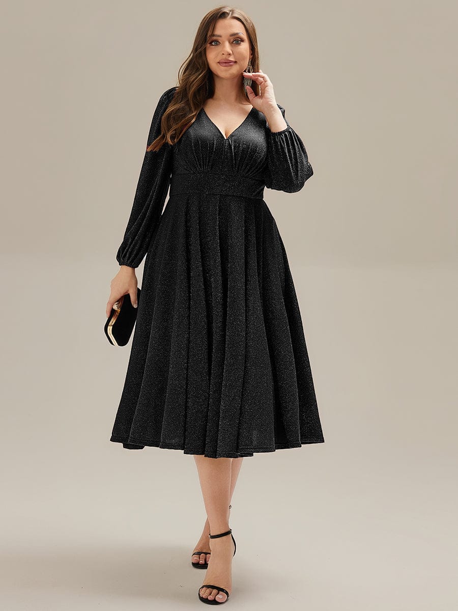Rochie midi de cocktail pentru femei decolteu în V mânecă lungă – Negru 44