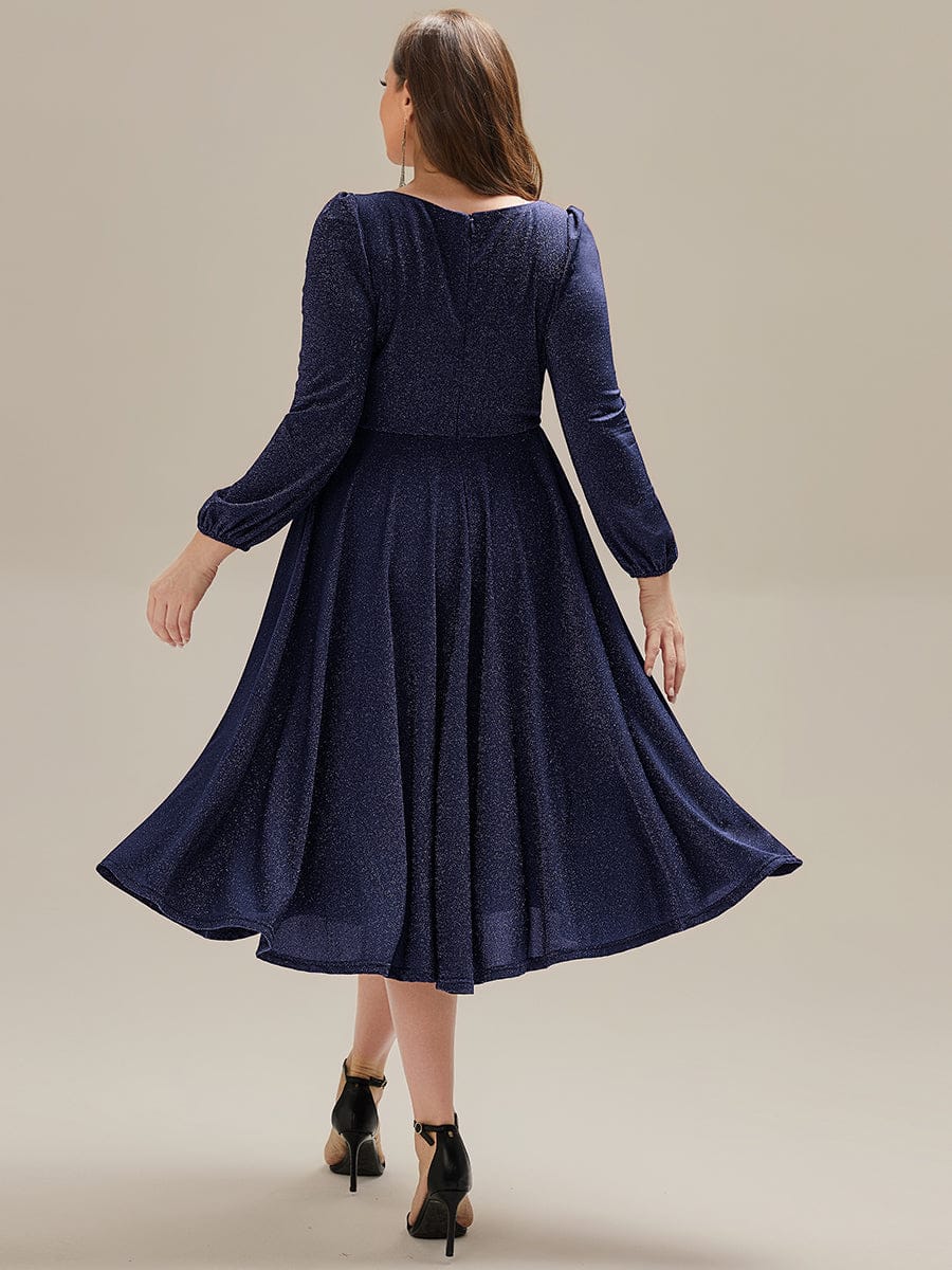Rochie midi de cocktail pentru femei decolteu în V mânecă lungă – Bleumarin 38,42.