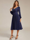 Rochie midi de cocktail pentru femei decolteu în V mânecă lungă – Bleumarin 38,42.