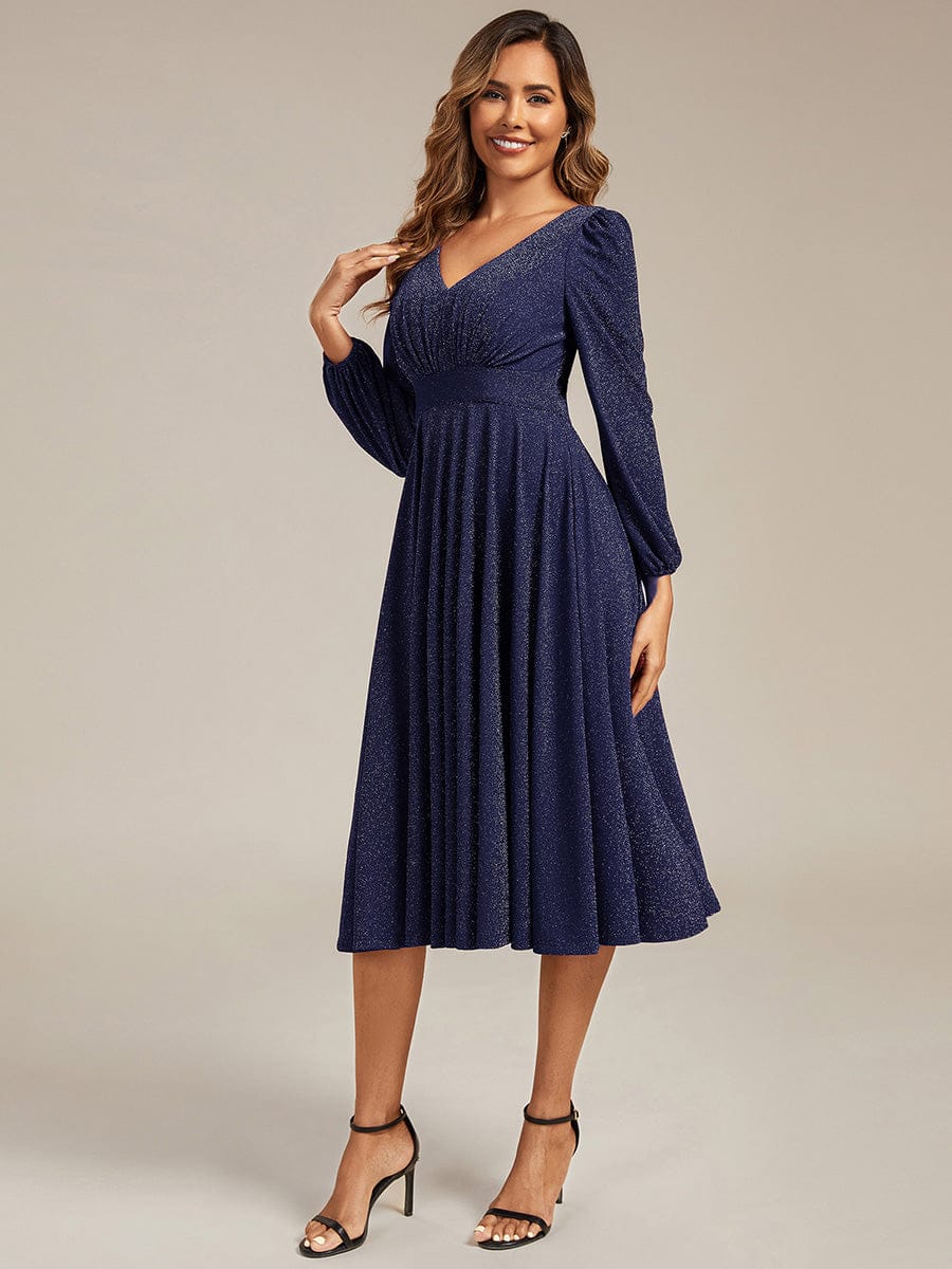 Rochie midi de cocktail pentru femei decolteu în V mânecă lungă – Bleumarin 38,42.