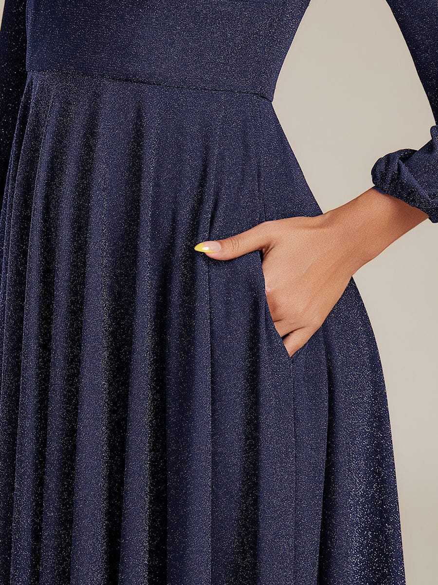 Rochie midi de cocktail pentru femei decolteu în V mânecă lungă – Bleumarin 38,42.
