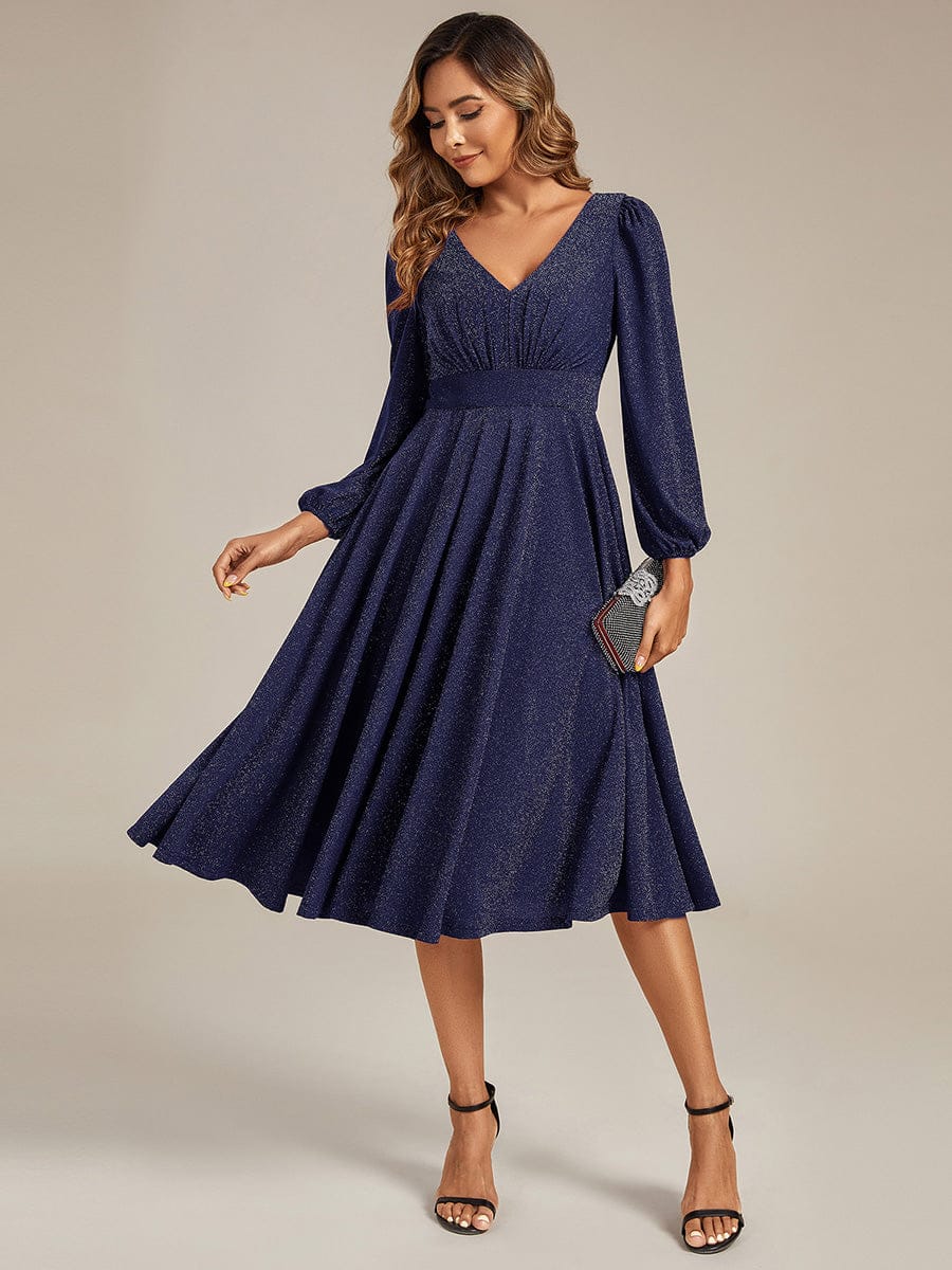 Rochie midi de cocktail pentru femei decolteu în V mânecă lungă – Bleumarin 38,42.