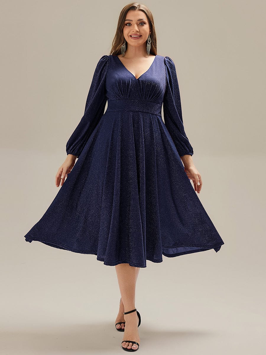 Rochie midi de cocktail pentru femei decolteu în V mânecă lungă – Bleumarin 38,42.