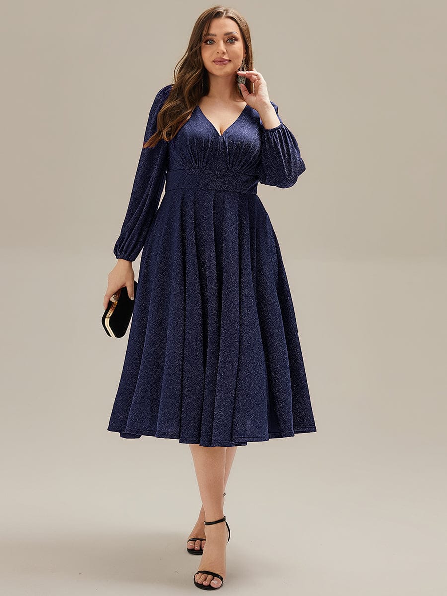 Rochie midi de cocktail pentru femei decolteu în V mânecă lungă – Bleumarin 38,42.