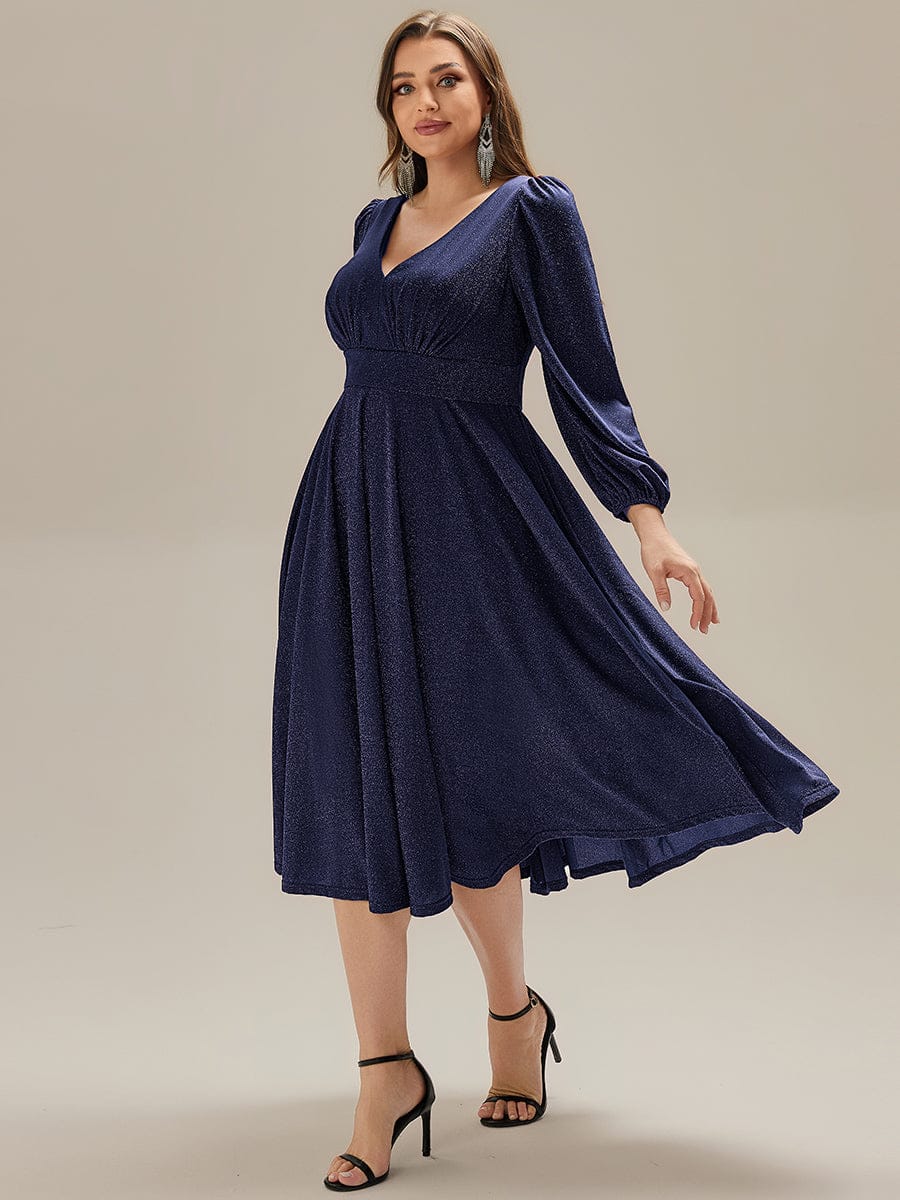 Rochie midi de cocktail pentru femei decolteu în V mânecă lungă – Bleumarin 38,42.