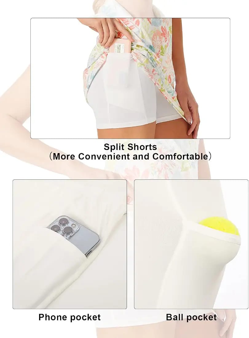 Rochie sport damă cu pantaloni scurți încorporați guler decupat -Marina