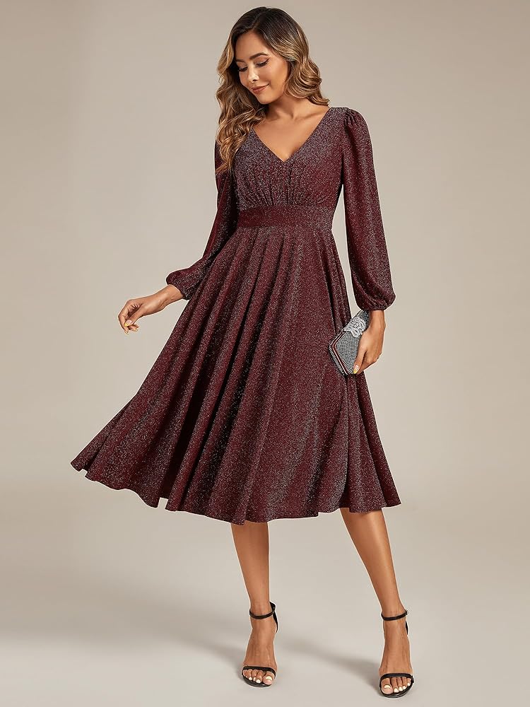 Rochie midi de cocktail pentru femei decolteu în V mânecă lungă in lini A cu pliuri Burgund masura