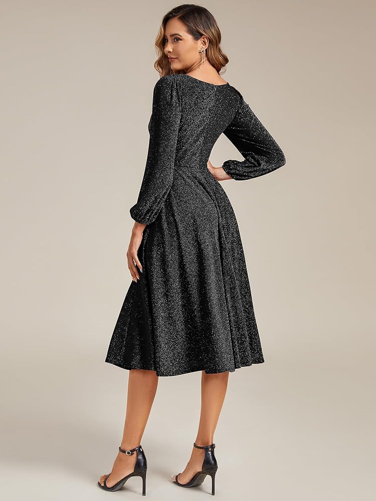 Rochie midi de cocktail pentru femei decolteu în V mânecă lungă – Negru 44