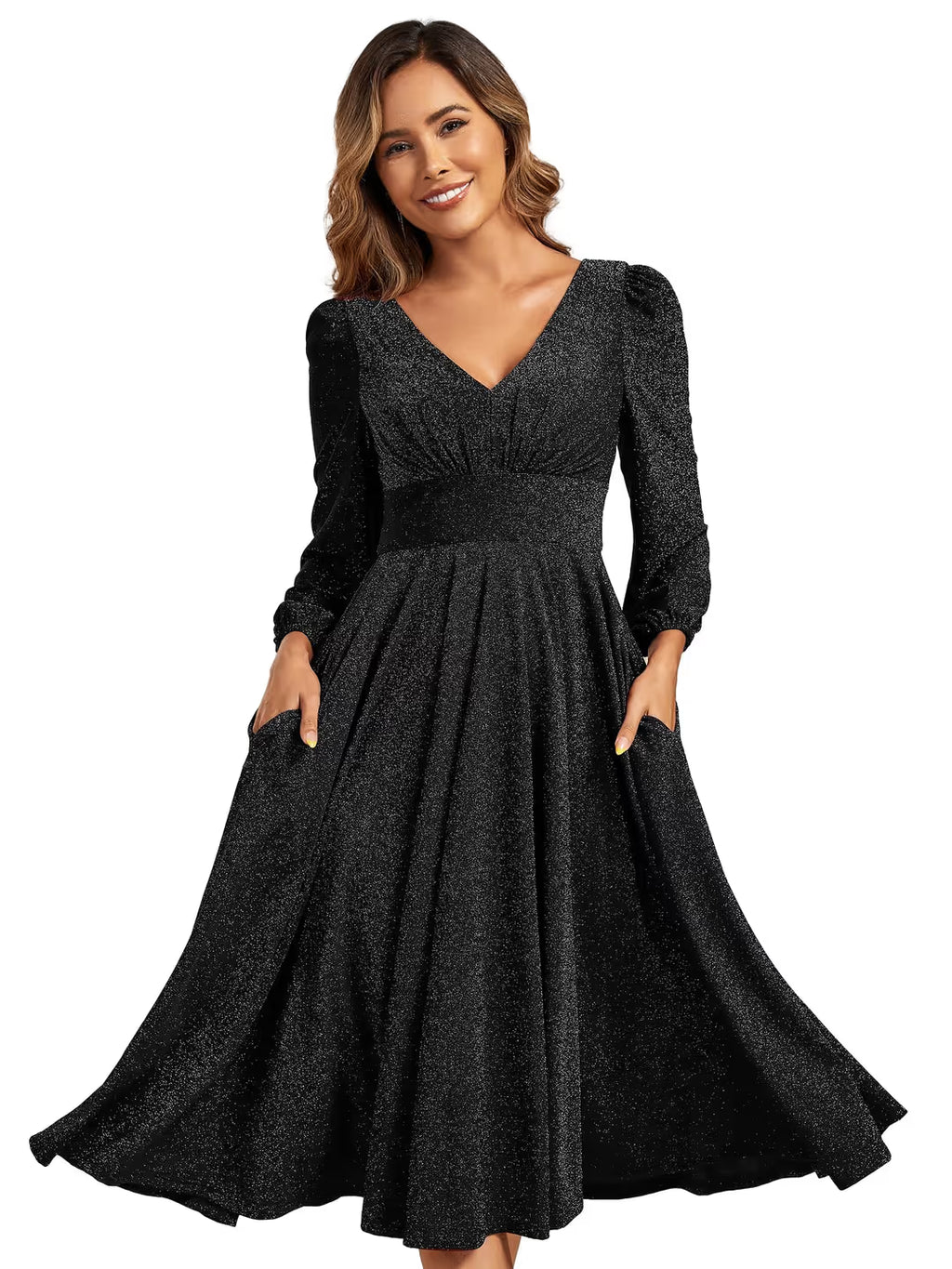 Rochie midi de cocktail pentru femei decolteu în V mânecă lungă – Negru 44