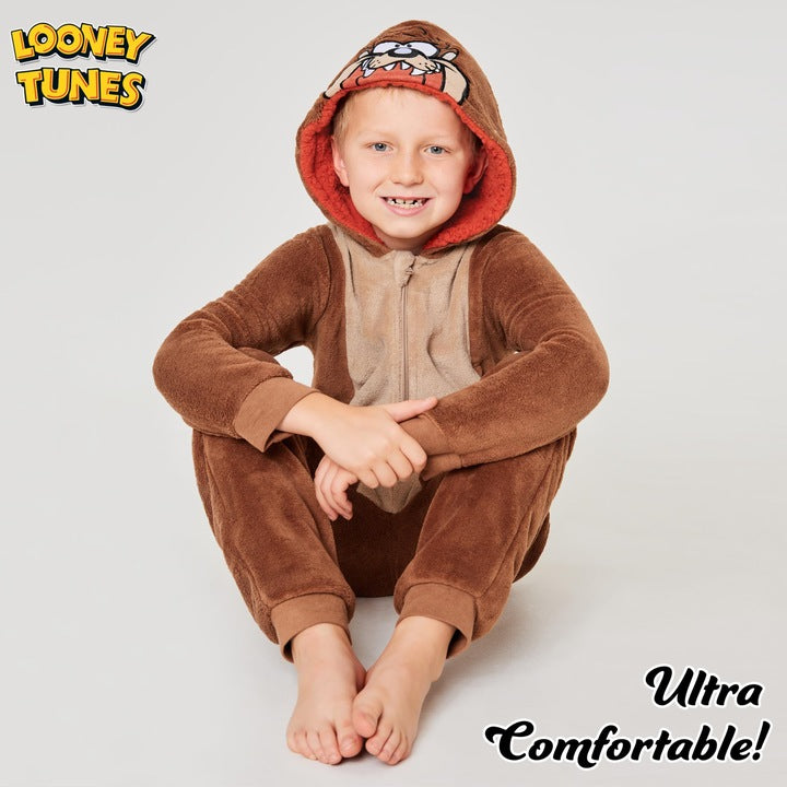 Salopeta plusata pentru copii Looney Tunes, gluga, model TAZ, maro, disponibila pentru trei categorii de varsta.7-8 ani,10-12 ani si 13-15 ani