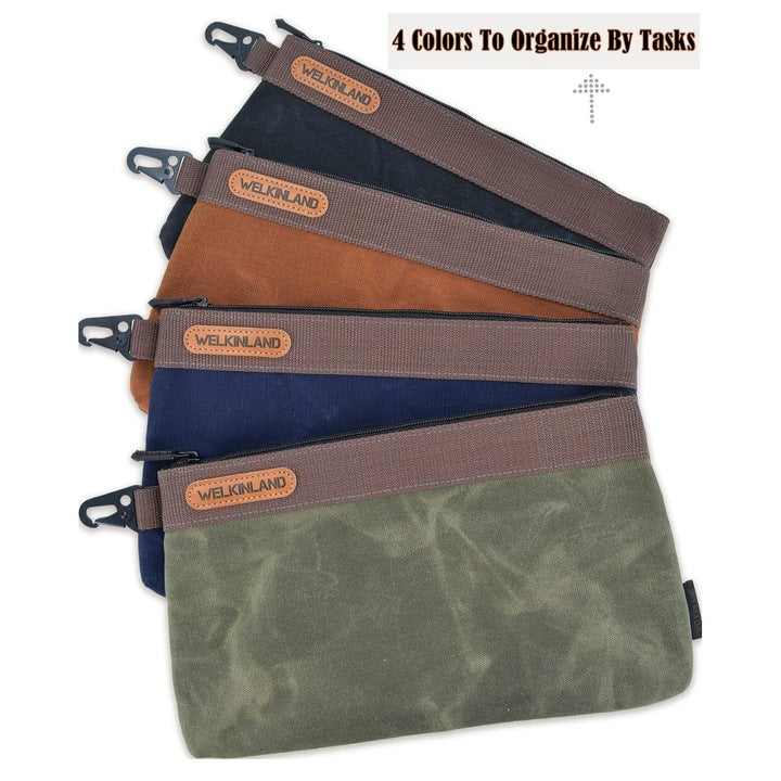 Set 4 Borsete Profesionale Scule WELKINLAND Heavy-Duty, Panza Cerata 590g Impermeabila, Interior Dublu Strat Oxford, 30 cm, Organizatoare Profesionale cu Fermoar, Multicolor