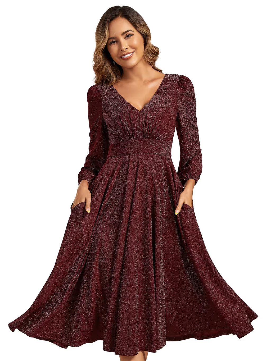 Rochie midi de cocktail pentru femei decolteu în V mânecă lungă in lini A cu pliuri Burgund masura