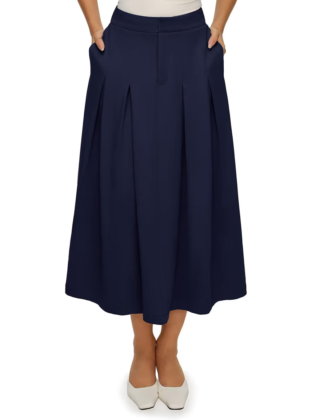 Fustă midi plisată linie A talie elastică culoare uni – bleumarin S
