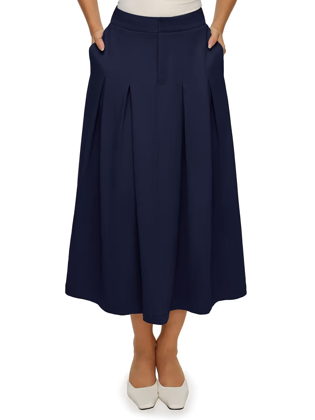 Fustă midi plisată linie A talie elastică culoare uni – bleumarin S